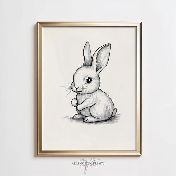 Antique Nursery Rabbit Sketch Cute Bunny Wall Art Farmhouse Wall Art Neutral Nursery Painting A523