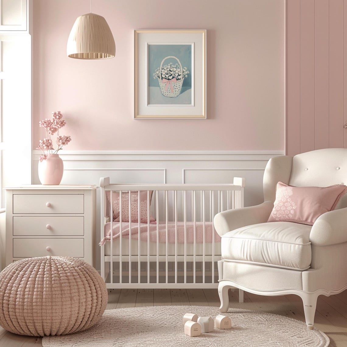 Flower Basket With Baby Breath White Hearts Pink Bow Spring Poster - Image 3