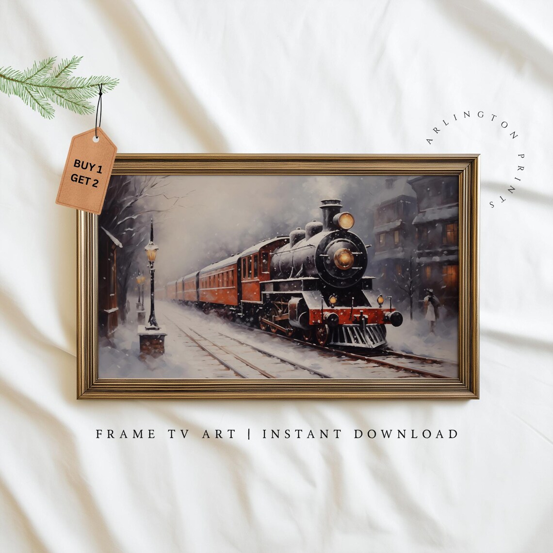 Vintage Steam Train Snowy Railway Station Christmas Locomotive Poster