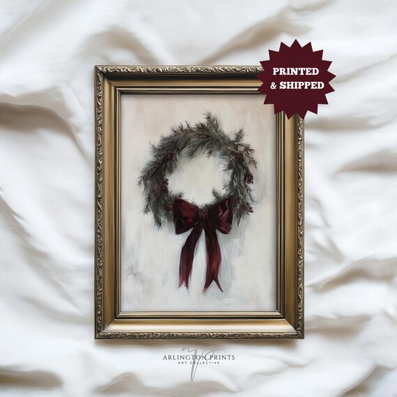 Pine Wreath Burgundy Bow Rustic Christmas Holiday Painting Poster