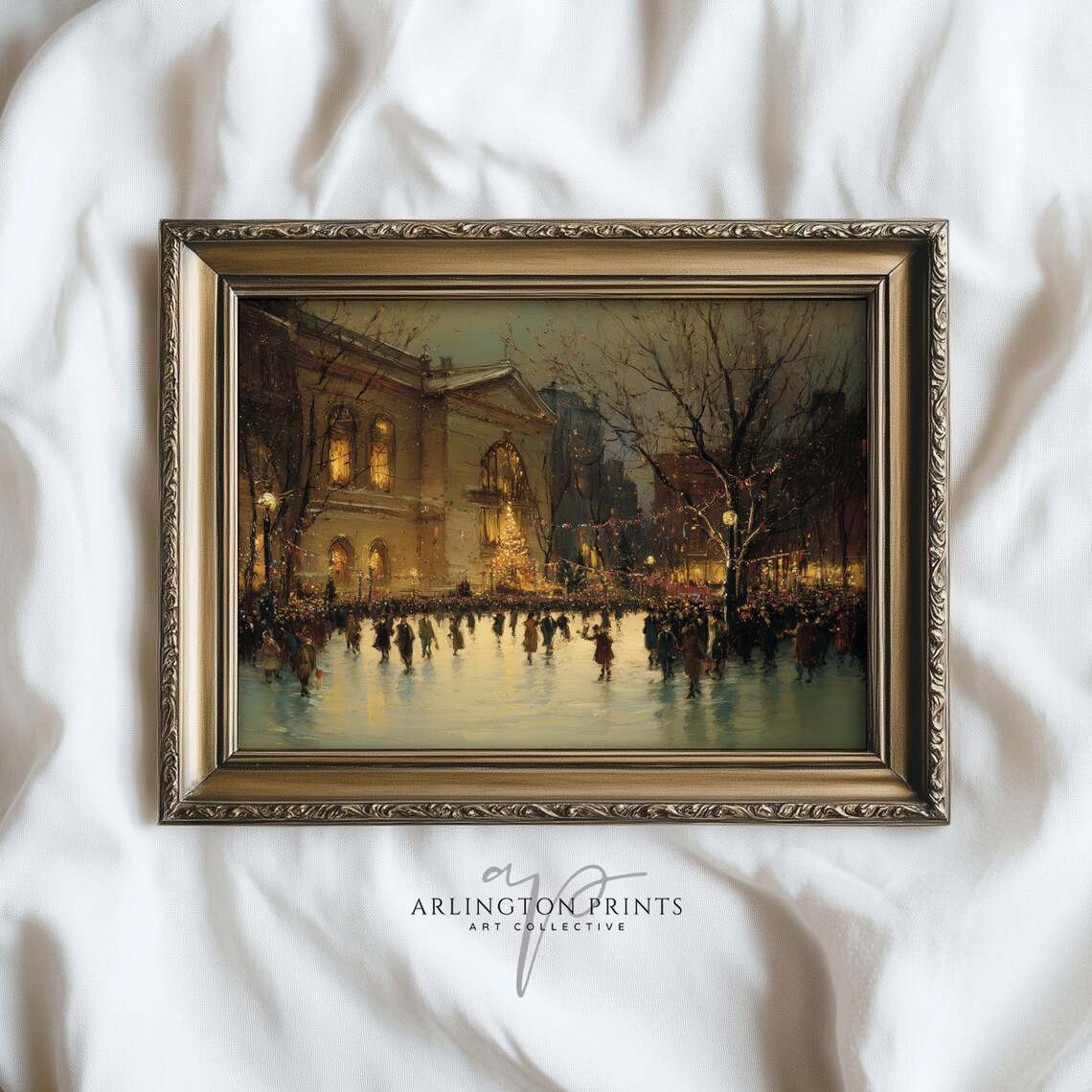 Vintage Ice Skating Rink Christmas Town Winter Night Scene Poster