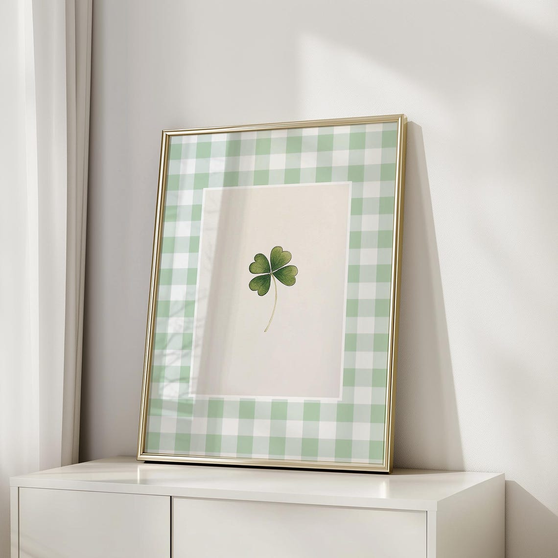 Lucky Four Leaf Clover Watercolor on Green Gingham Check Print - Image 5