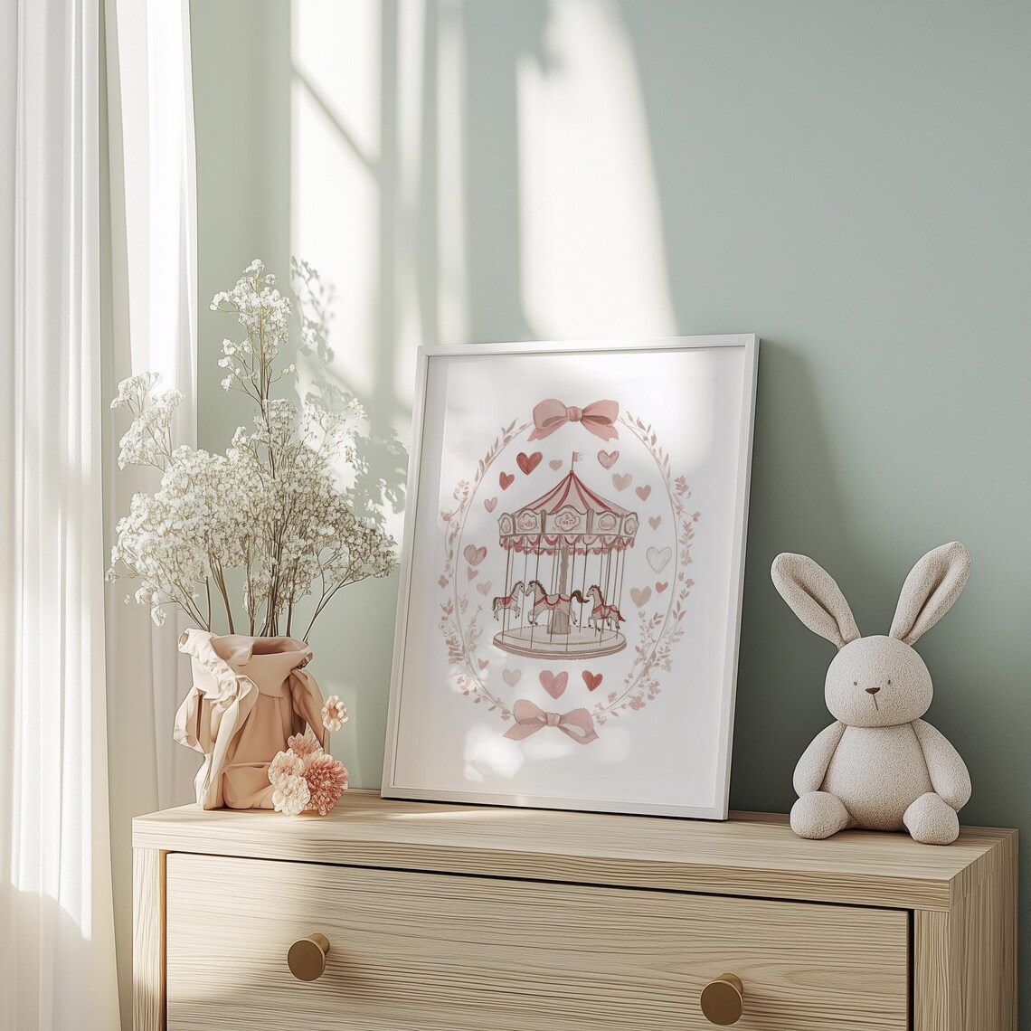 Pink Carousel Hearts and Bows Nursery Coquette Romantic Poster - Image 2