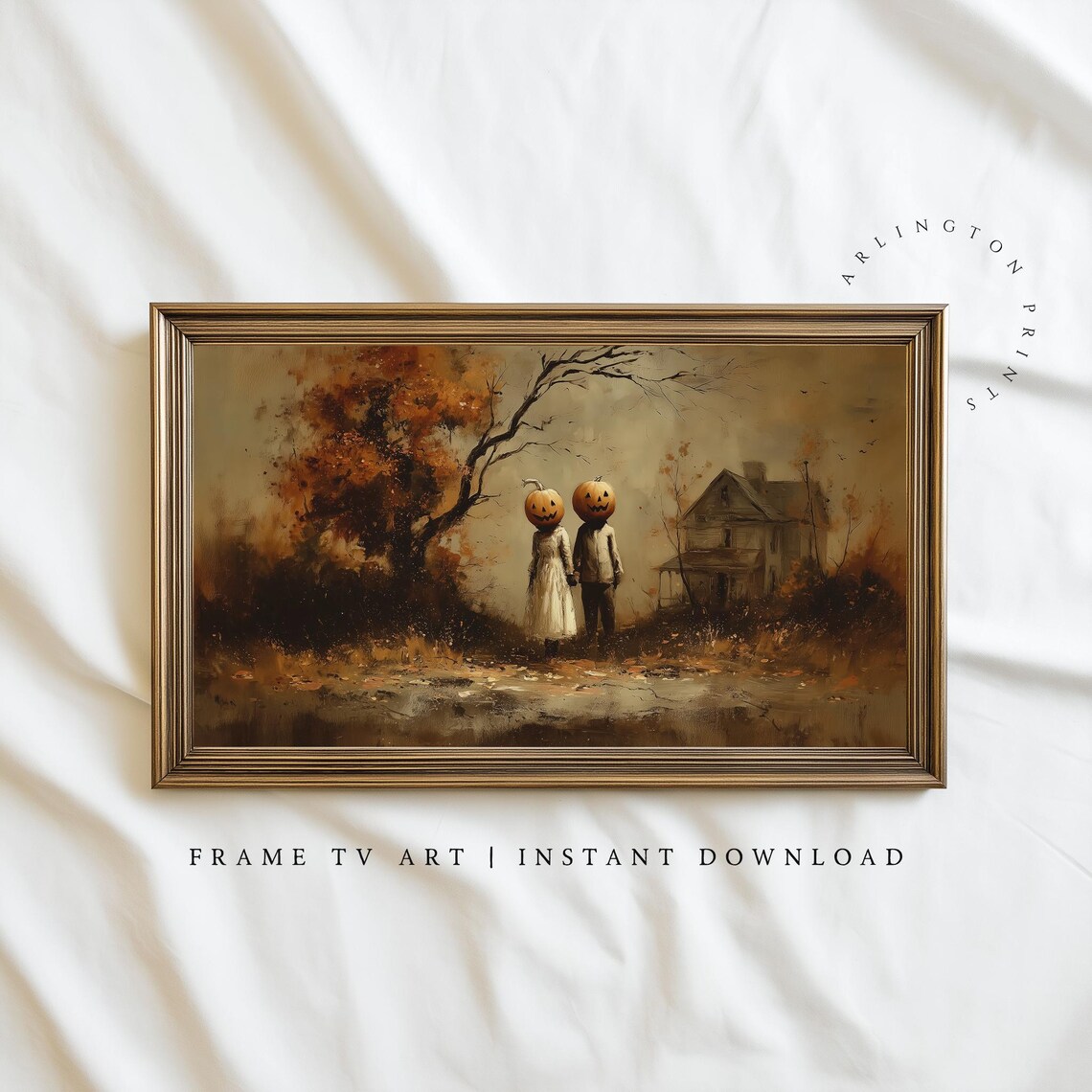 Pumpkin Head Couple Haunted Farmhouse Vintage Halloween Art Poster