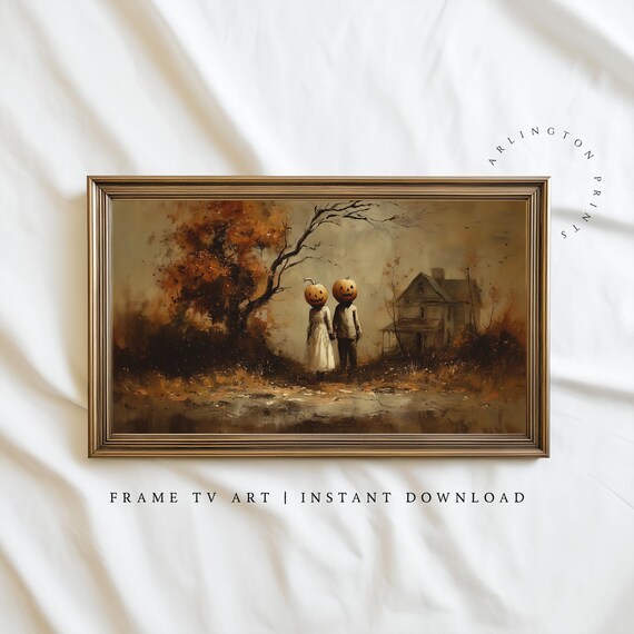 Samsung Frame Tv Art Vintage Pumpkin Couple Haunted Autumn Farmhouse Halloween Artwork Eerie 3676