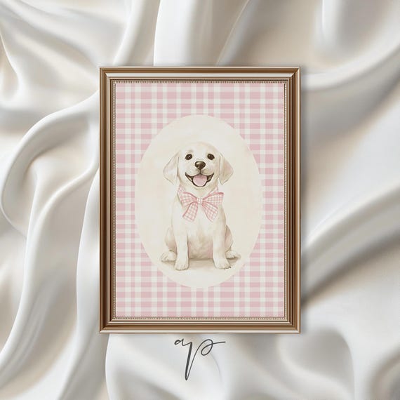 Cute Puppy Art Print White Labrador Girls Nursery Decor Watercolor Pale Pink Gingham Wall Art Coquette Pink Bow Wall Art 427