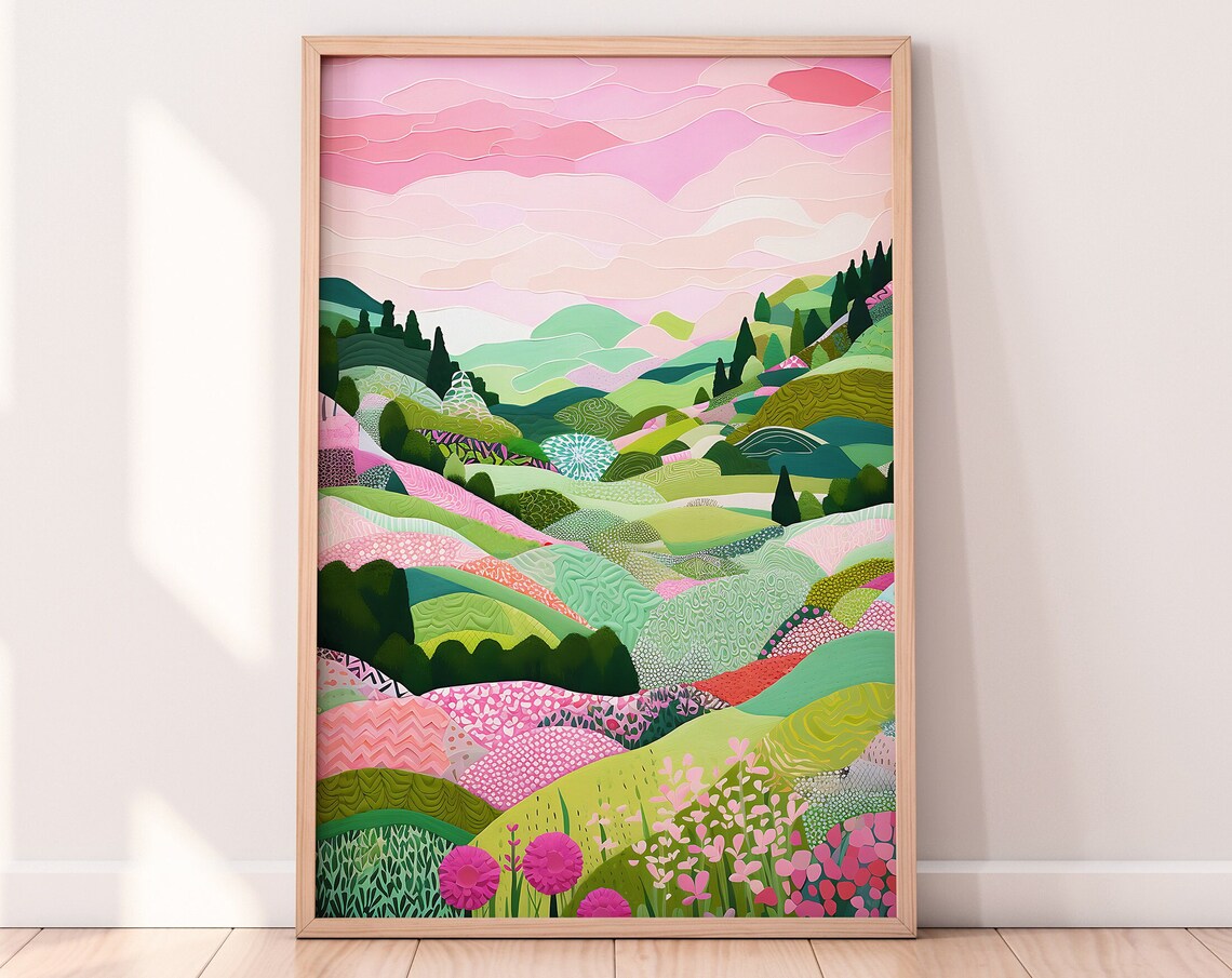 Pink Sky Mountain Landscape Art Print, Colorful Scenery