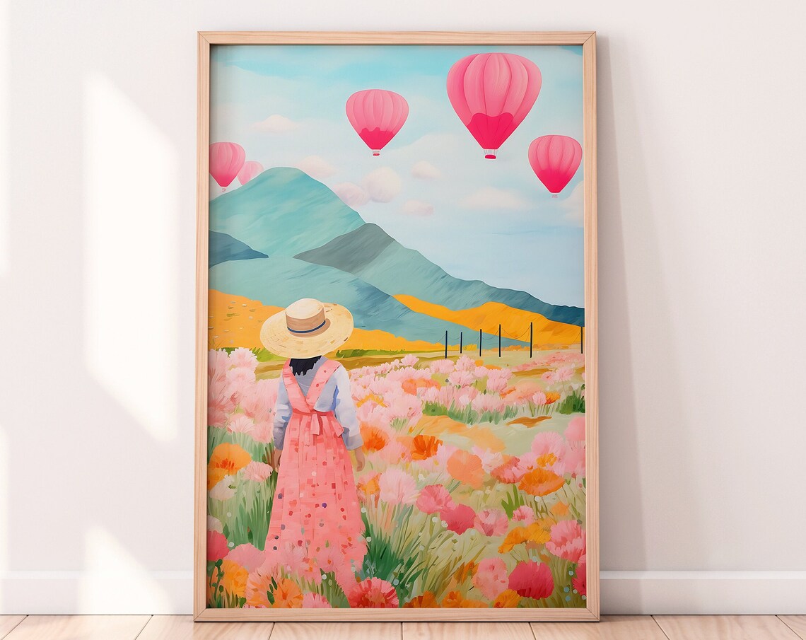 Colorful Meadow Hot Air Balloon Art Print
