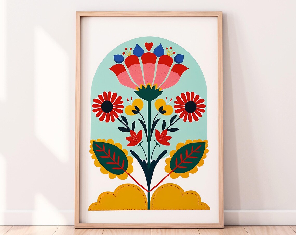 Nordic Scandinavian Folk Art Flower Arch Bold Red Teal Print