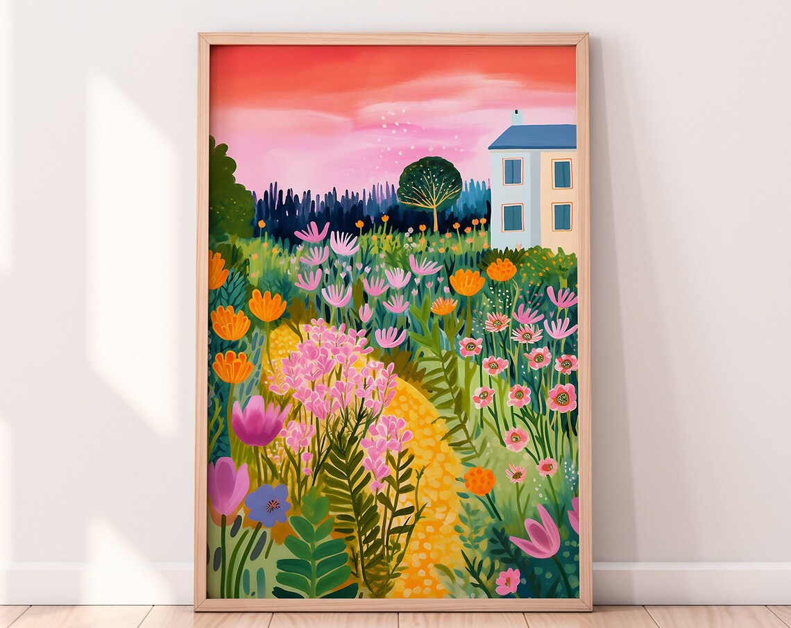 Flower Garden Drawing, Colorful Floral Art Print