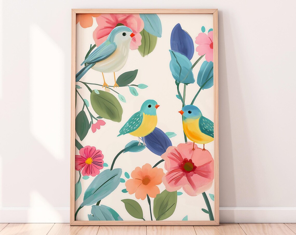 Little Blue Birds Pastel Blossoms Spring Floral Illustration Print