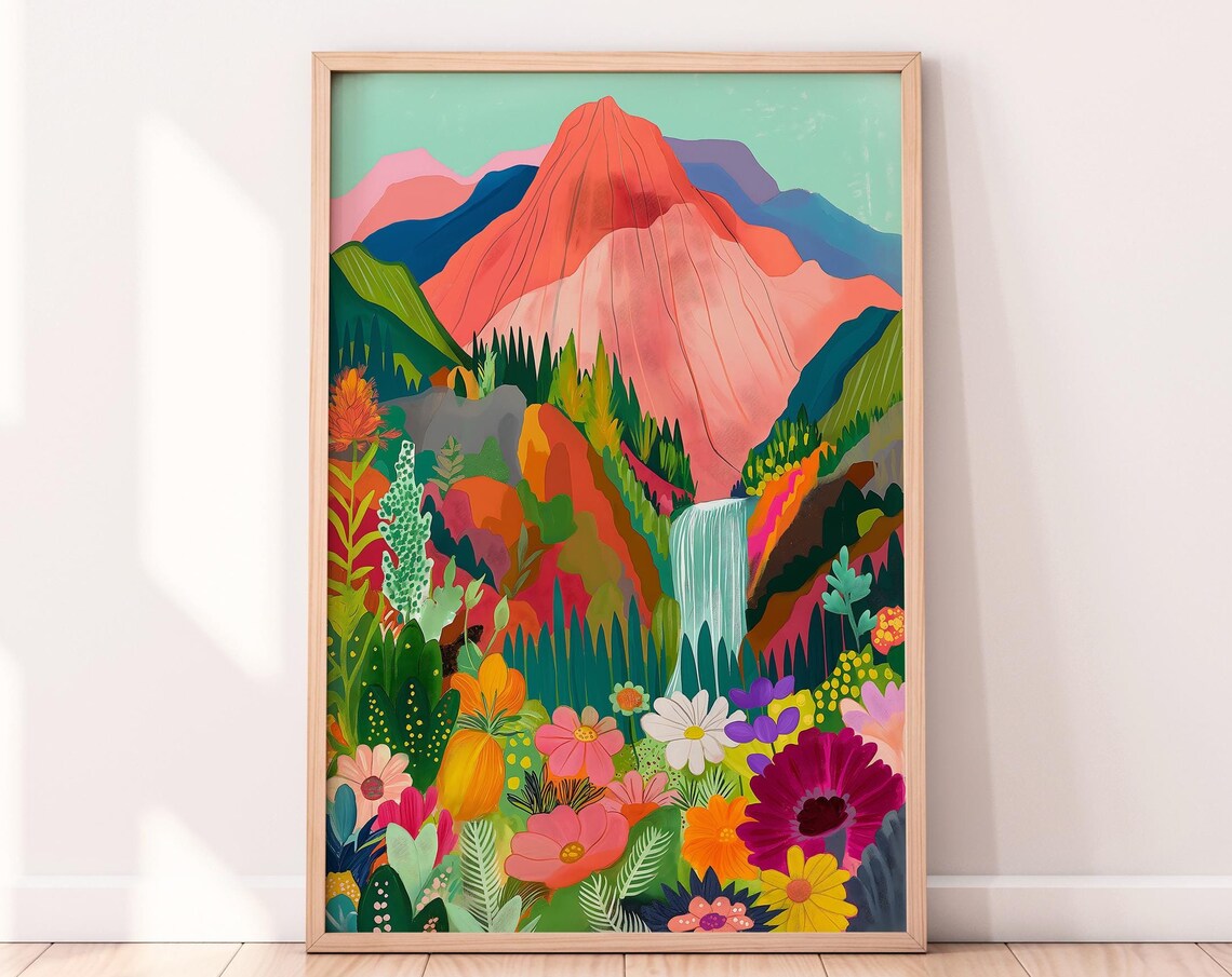 Red Mountain Waterfall Valley Lush Tropical Flowers Art Print