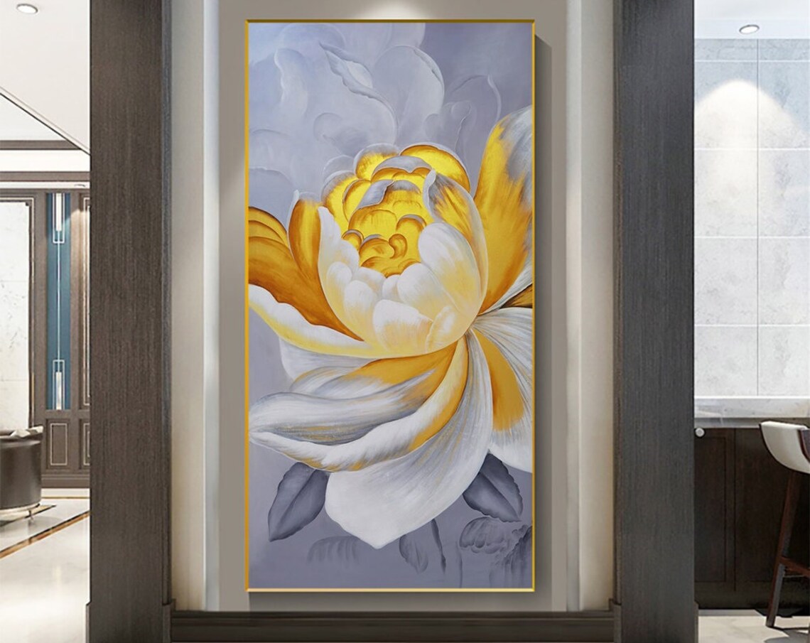 Golden Yellow White Blooming Abstract Flower Oil Painting Poster