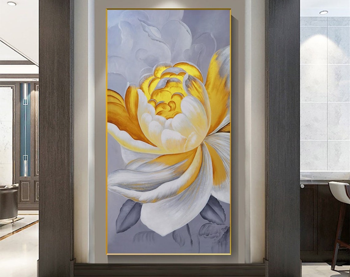 Large Hand Painted Abstract Blooming Gold Yellow Flower Oil Painting Living Room Entry Way Decor Wall Art Picture Gray Art Painting