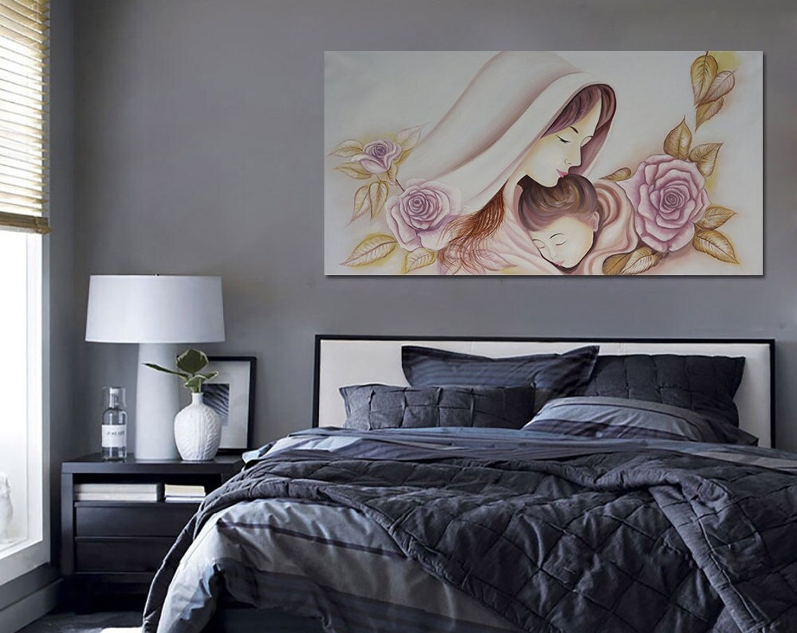 Hand Painted Large Abstract Portrait Wall Art Babymom Painting Purple Flower Oil Painting On Art For Bedroom Pastel Decor Wall Art