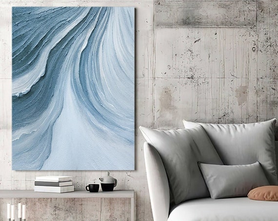 Time River Wabi Sabi Wall Art Blue Abstract 3d Textured Art Painting Minimalist Wall Art Living Room Wall Decor Art Boho Wall Art