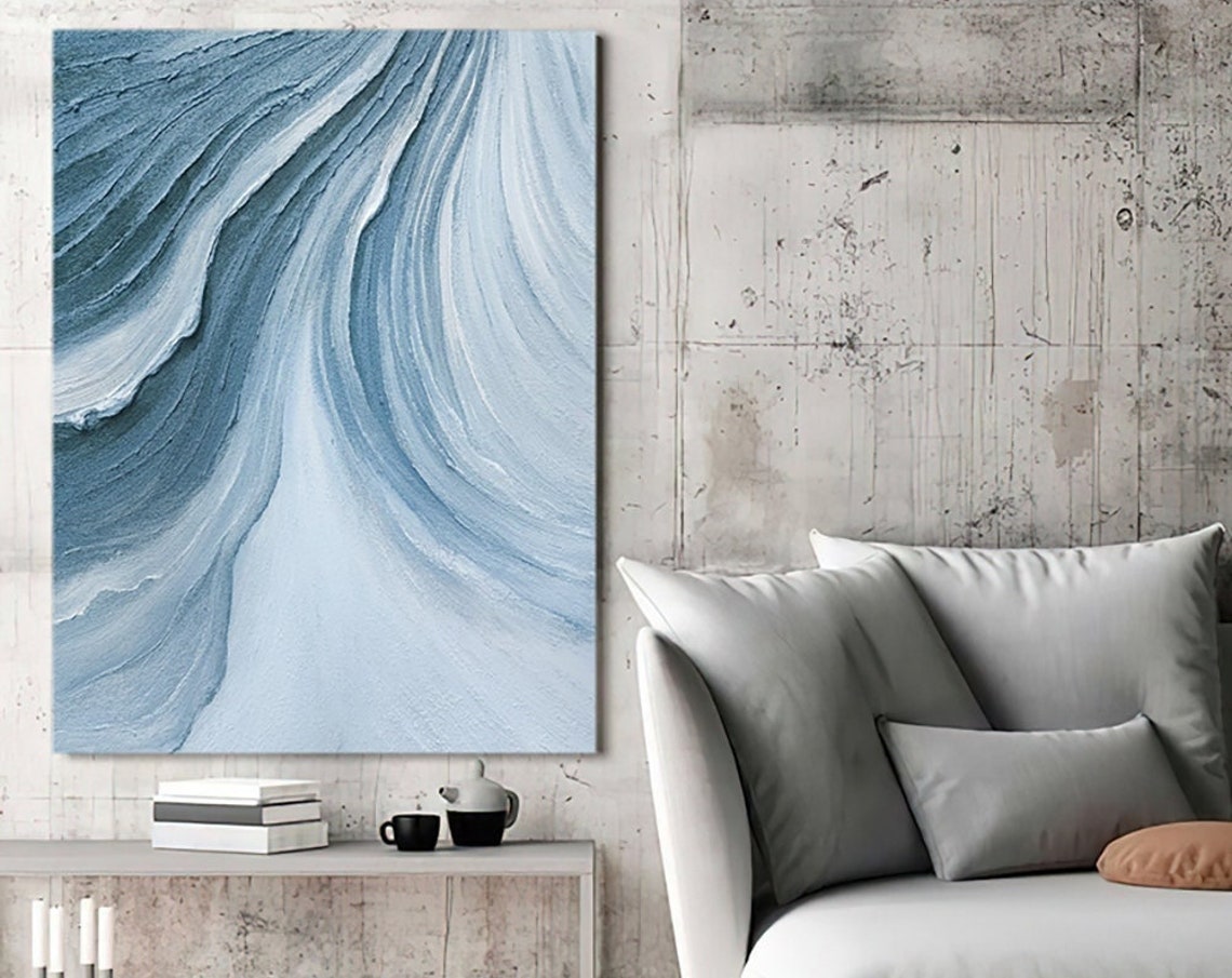 Time River Blue Wavy Abstract 3D Textured Canvas Modern Wall Art