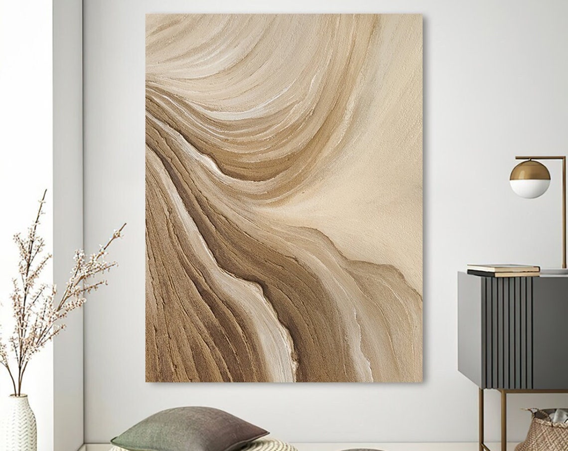 Time River Brown Beige Wavy Abstract Textured Canvas Wall Art