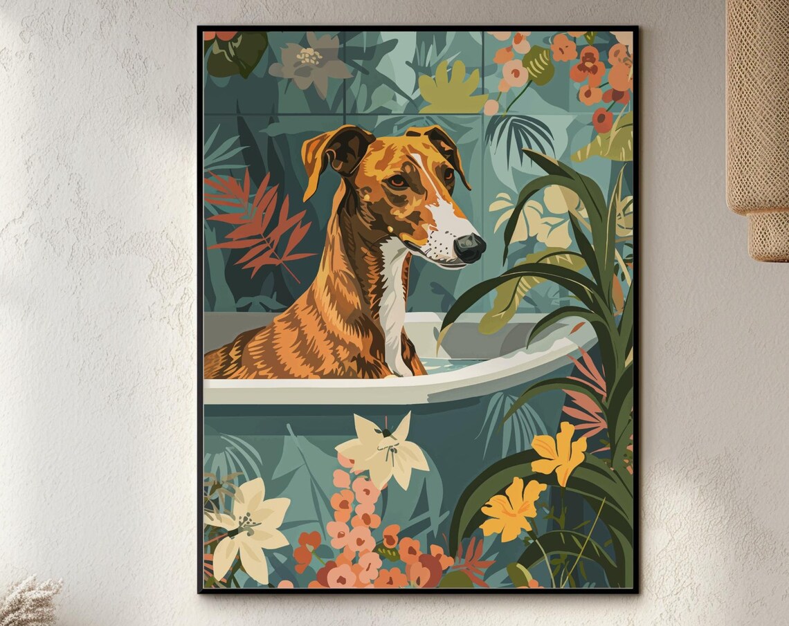 Brindle Greyhound in Bathtub Teal Botanical Floral Dog Poster