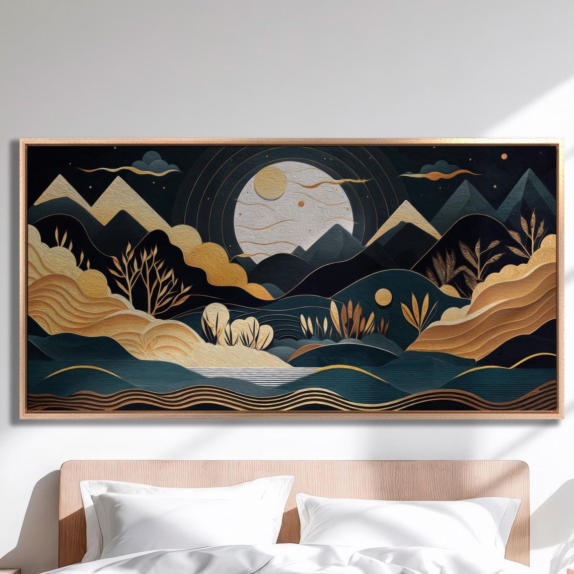 Golden Moon Over Stylized Mountains Panoramic Night Landscape Poster