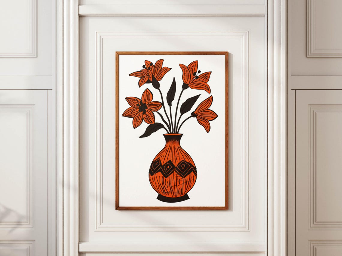 Orange Lilies in Tall Patterned Vase Rustic Botanical Line Art Poster