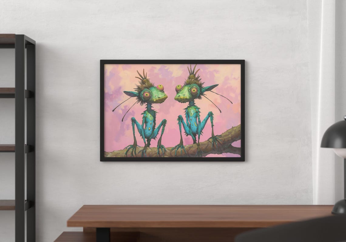 Whimsical Green Goblin Creatures on Branch Fantasy Art Poster - Image 6