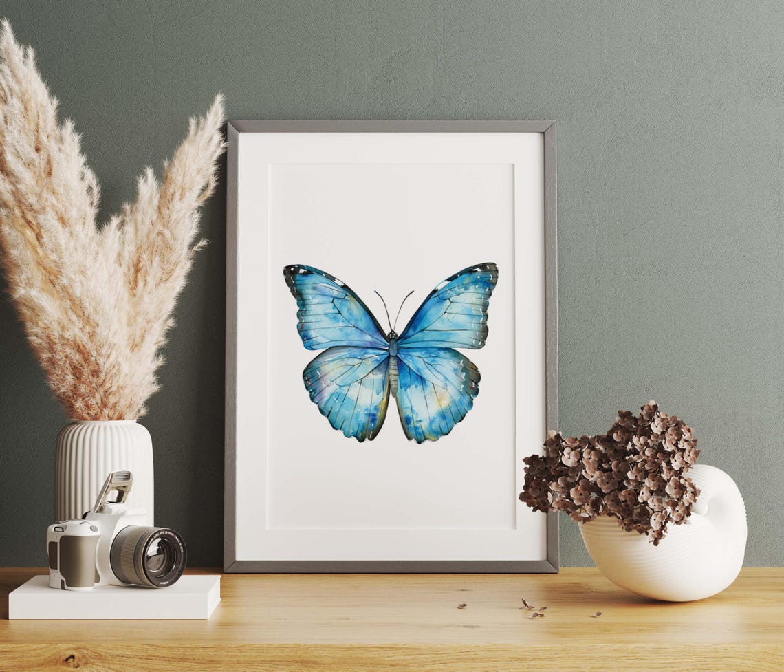 Bright Blue Butterfly Watercolor Study Minimalist Botanical Poster - Image 4