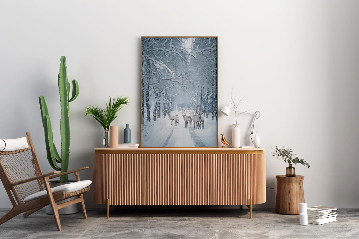 White Reindeer Herd on a Snowy Birch Forest Road Winter Poster - Image 4