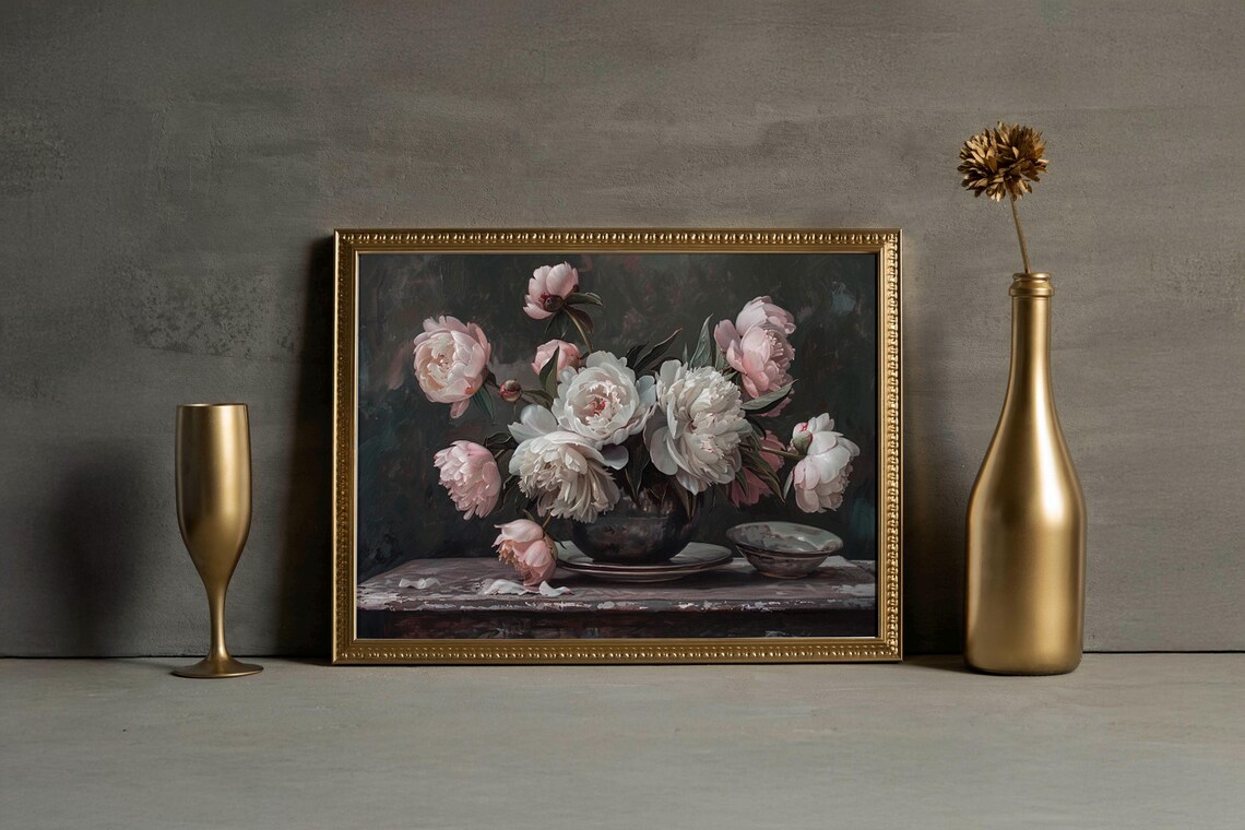 Blush Pink Roses in Dark Bowl Moody Floral Still Life Art Poster - Image 4