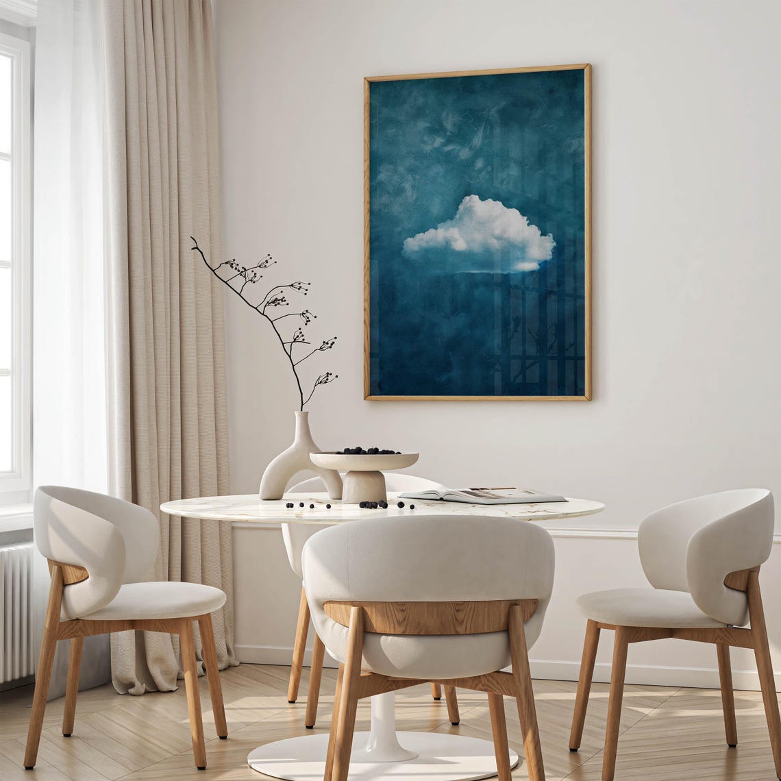 Lone White Cloud on Deep Teal Blue Sky Minimalist Art Poster - Image 3