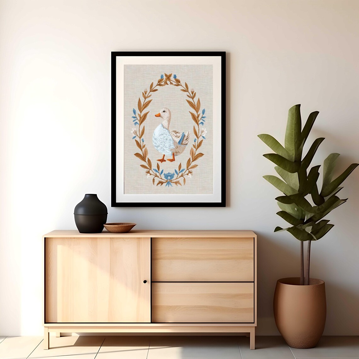 Elegant Duck Inside a Golden Botanical Wreath on Linen Poster - Image 6