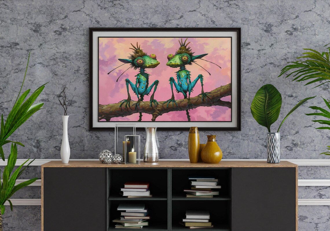 Whimsical Green Goblin Creatures on Branch Fantasy Art Poster - Image 2
