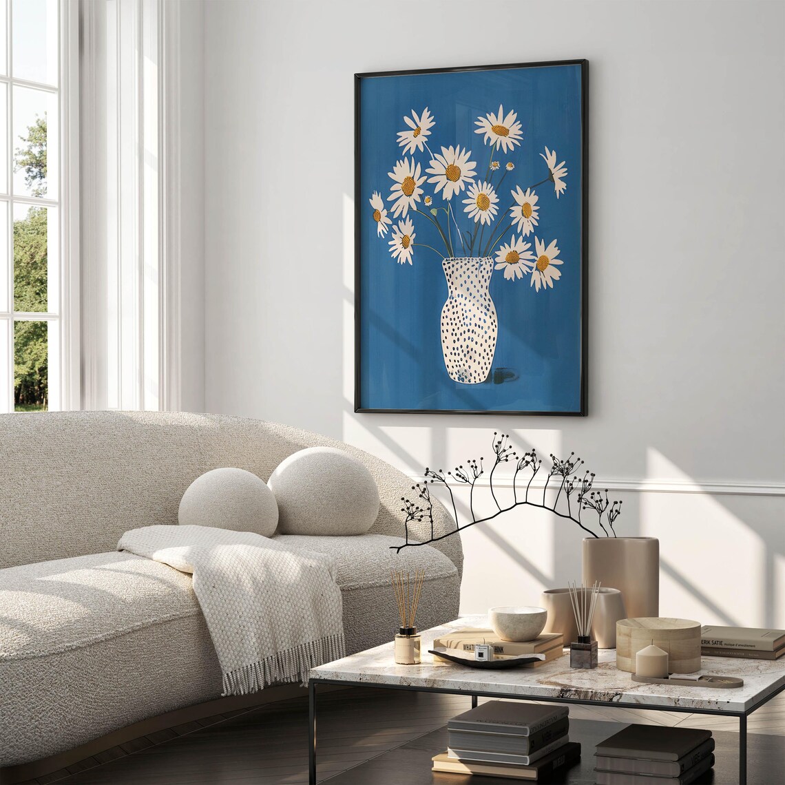 White Daisies in Spotted Vase on Cobalt Blue Modern Floral Poster - Image 6