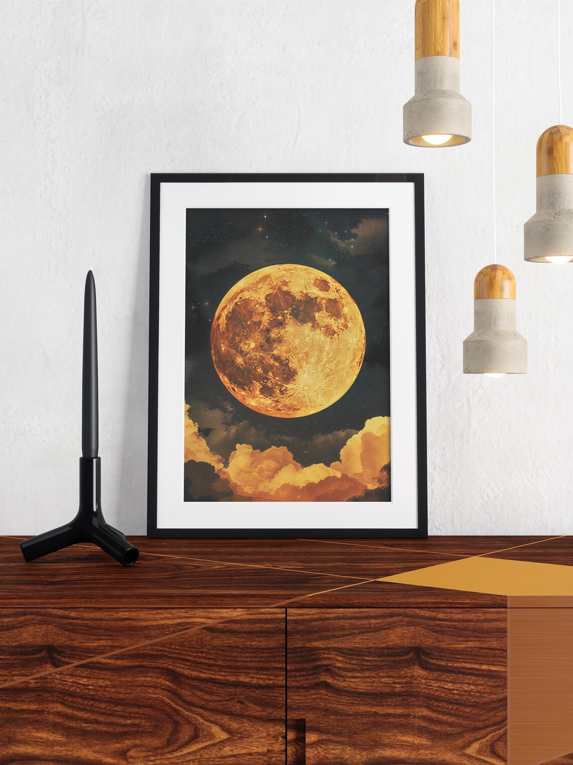 Huge Orange Full Moon Over Glowing Amber Clouds Night Art Poster - Image 2