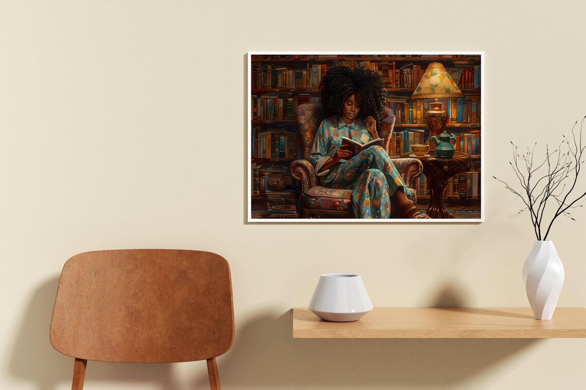 Woman Reading in Cozy Library Armchair Afrocentric Book Art Poster - Image 3