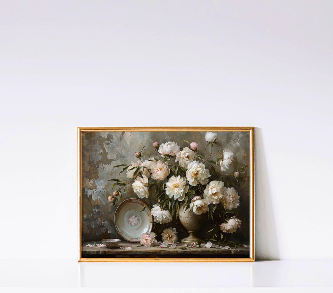 White Rose Bouquet Still Life with Vintage Plate Moody Art Poster