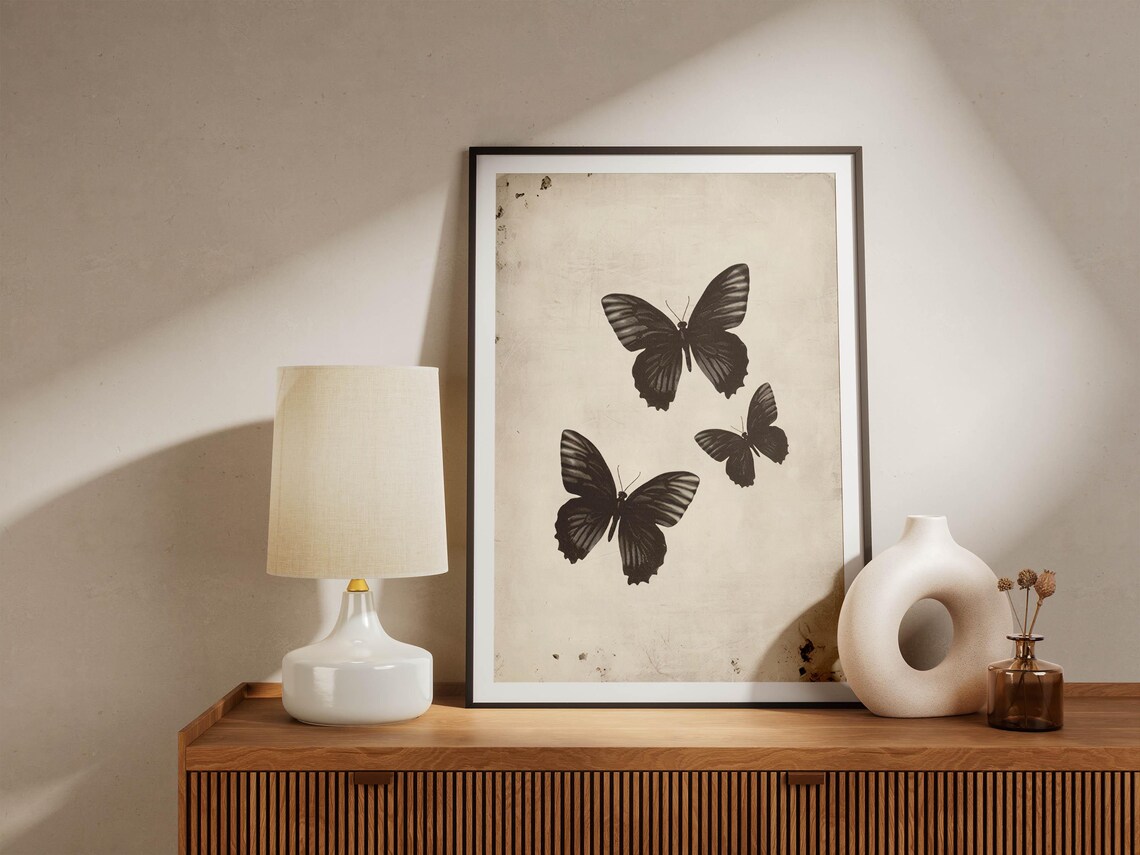 Three Black Butterflies on Vintage Cream Paper Botanical Wall Art - Image 6
