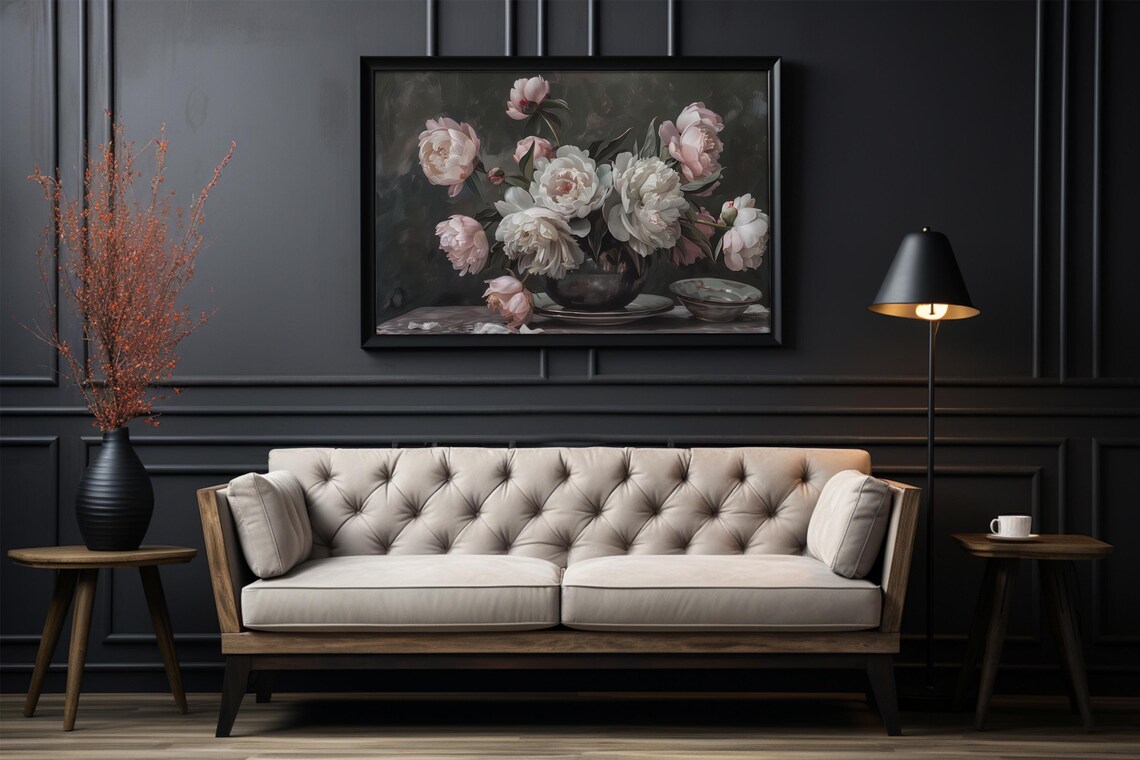 Blush Pink Roses in Dark Bowl Moody Floral Still Life Art Poster - Image 3