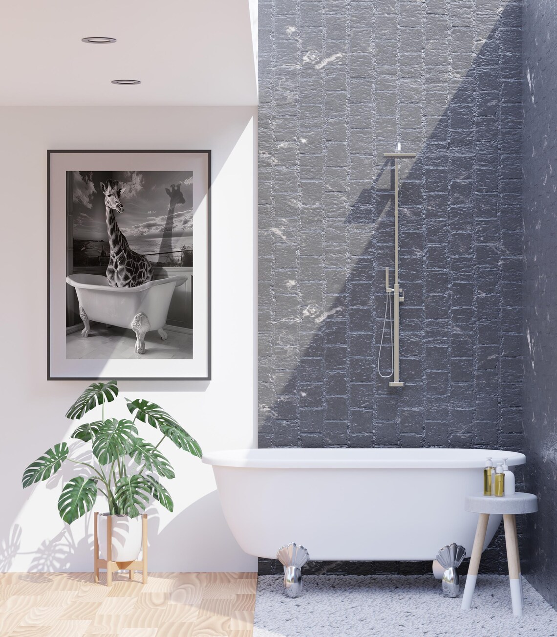 Giraffe Relaxing in Vintage Clawfoot Bathtub Black White Art Poster - Image 4