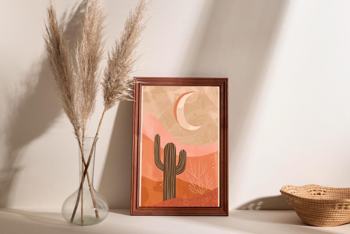Saguaro Cactus Under a Crescent Moon in Terracotta Desert Poster - Image 6
