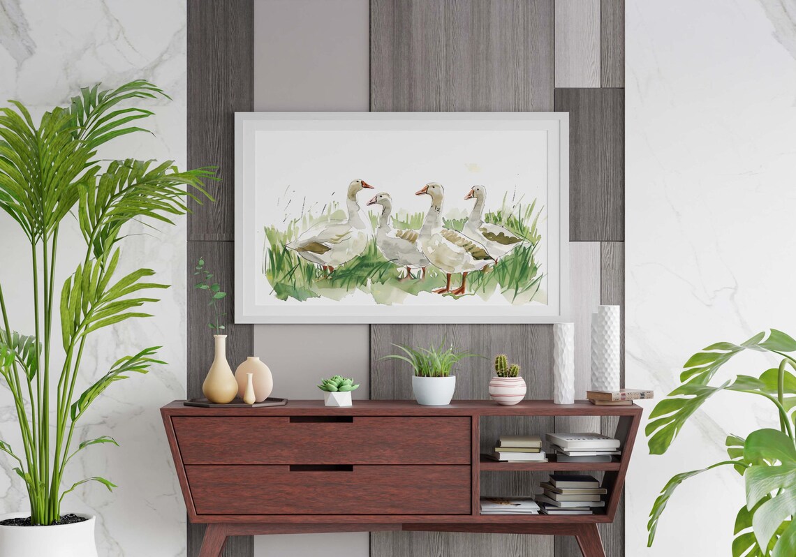 Four White Geese Wandering Through Tall Green Grass Painting Poster - Image 2