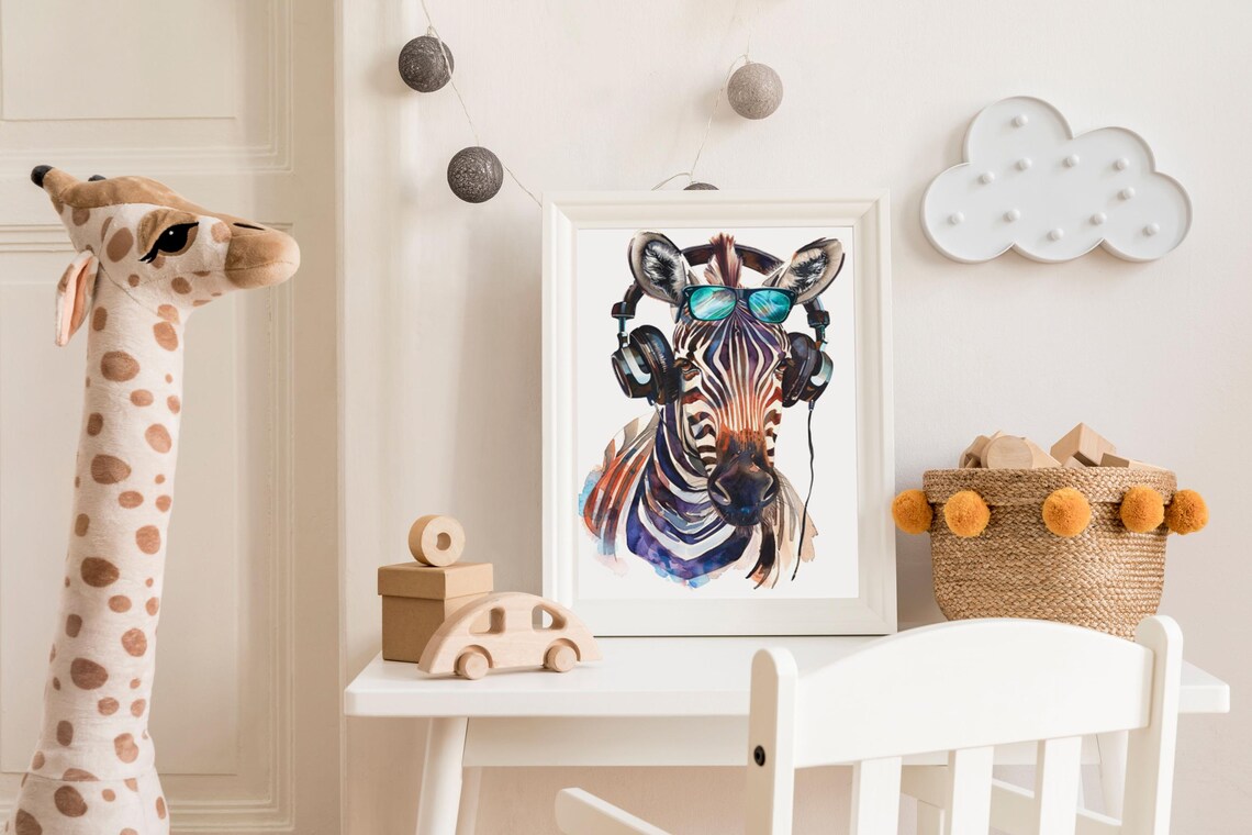 Cool Zebra Wearing Headphones and Sunglasses Watercolor Art Poster - Image 3