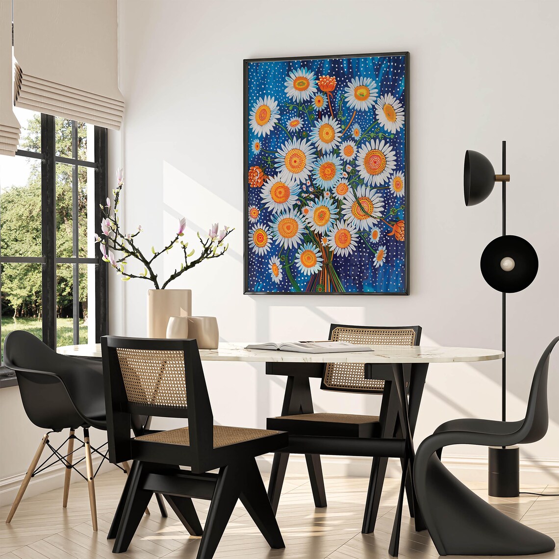 White Daisies with Orange Centers on Starry Blue Night Poster - Image 5