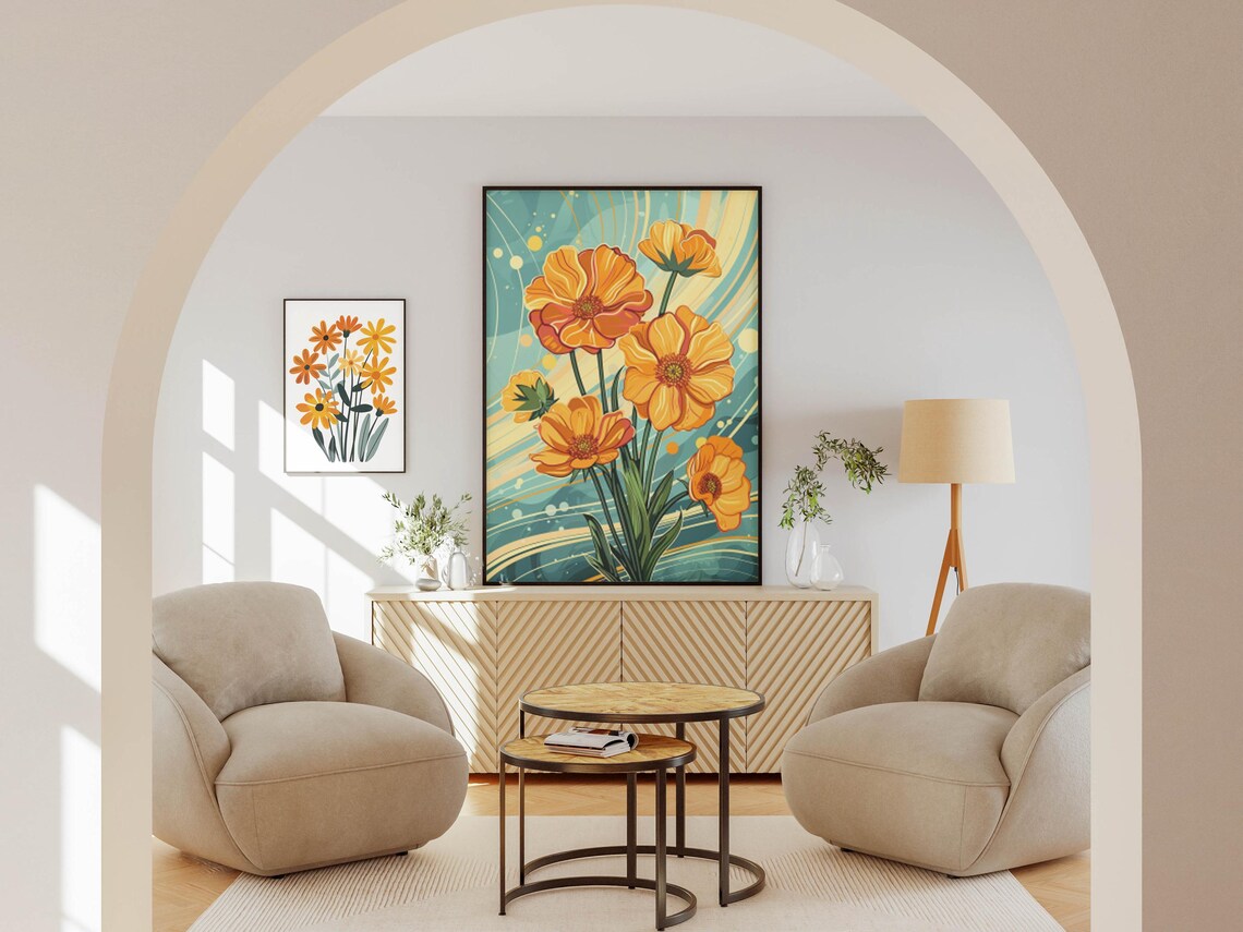 Orange Poppies over Teal Waves Modern Graphic Floral Art Poster - Image 2