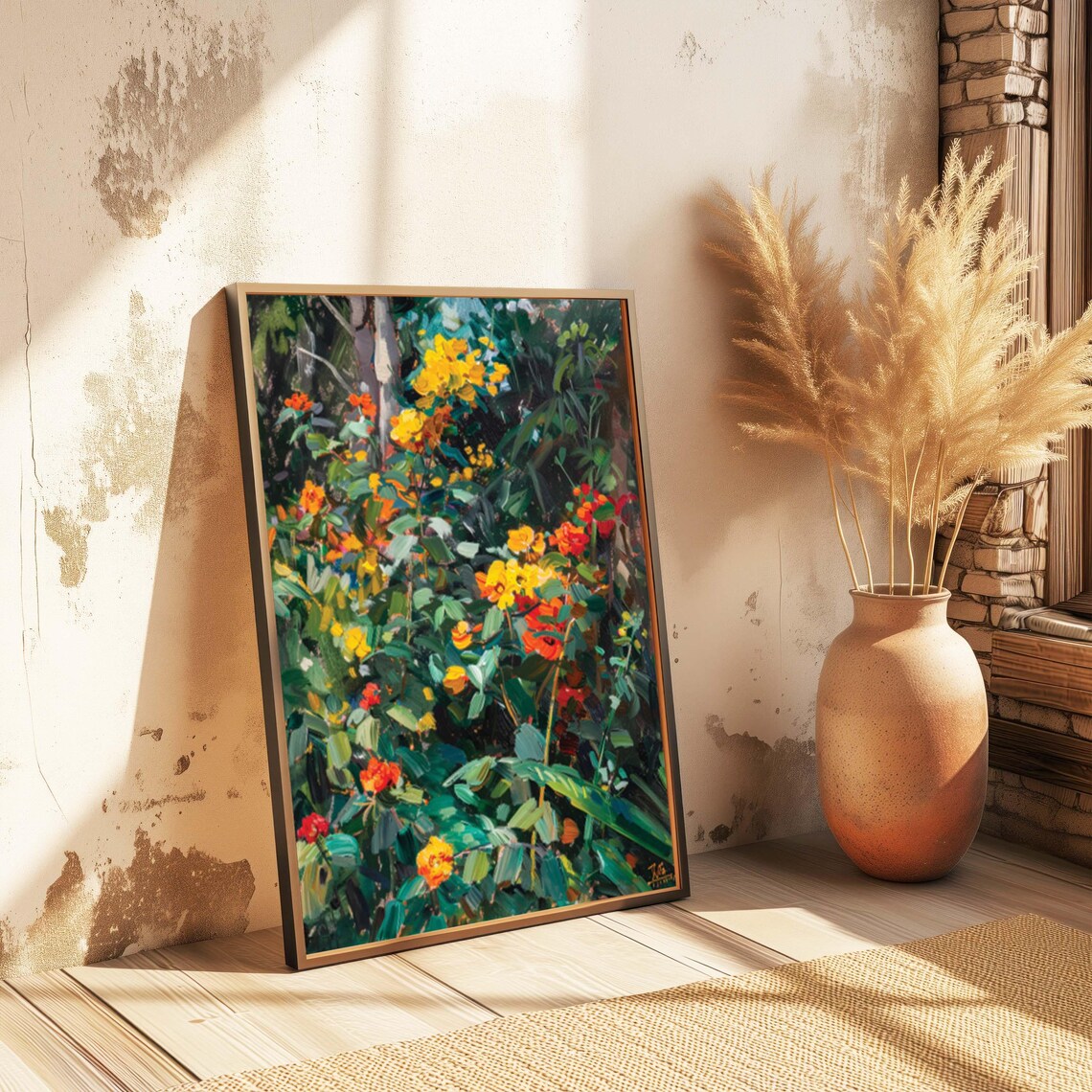 Lush Garden Blooming with Yellow and Red Flowers Oil Painting Poster - Image 6