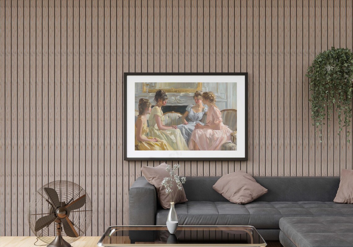 Four Young Women Chatting by the Fireplace in Soft Pastel Oil Poster - Image 2