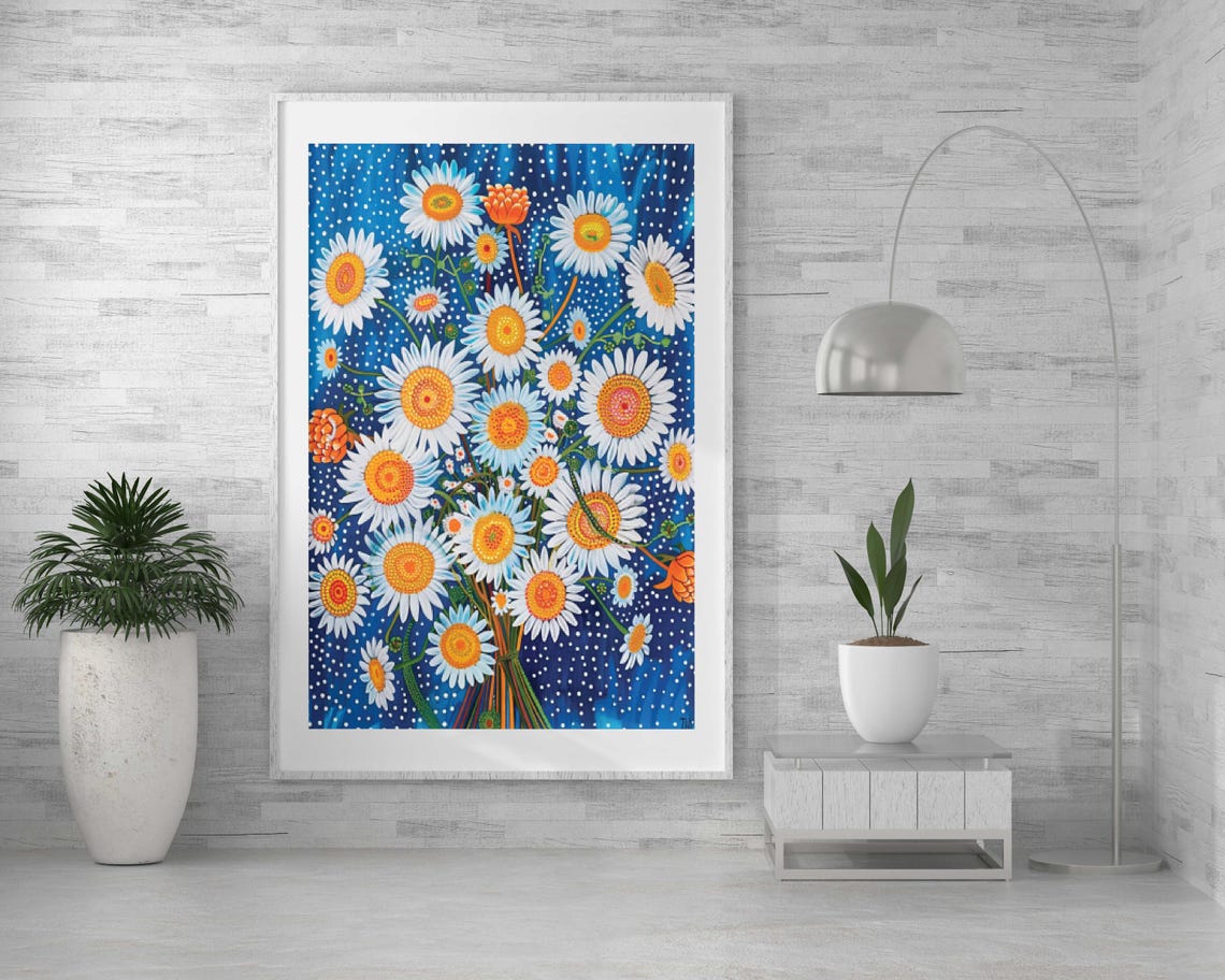 White Daisies with Orange Centers on Starry Blue Night Poster - Image 2