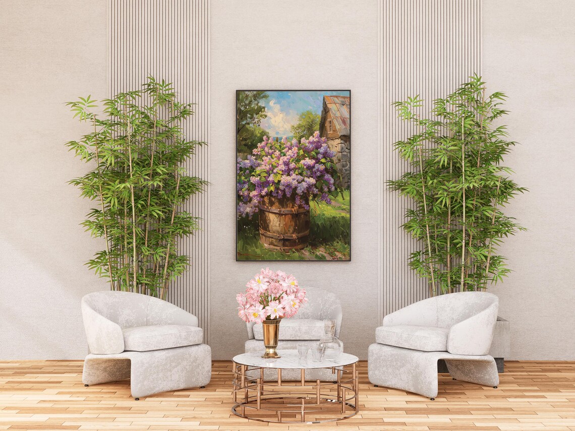 Lilac Blooms in Wooden Barrel by Stone Barn Oil Painting Poster - Image 3