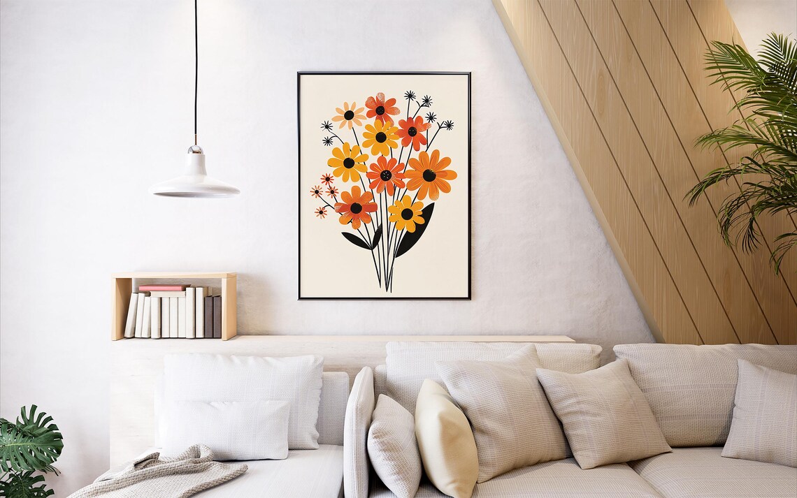 Marigold and Daisy Retro Bouquet Mid Century Floral Art Poster - Image 4