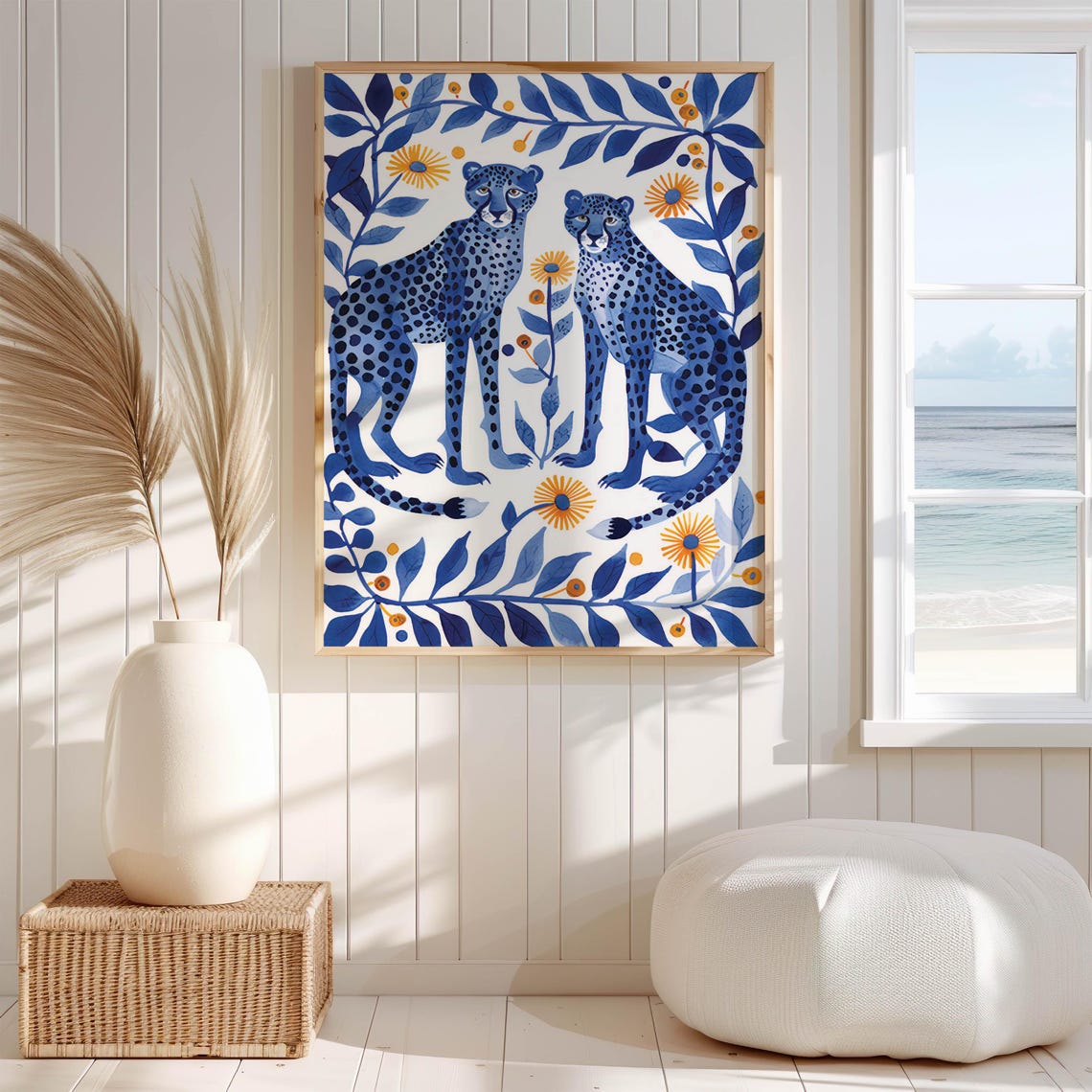 Two Blue Cheetahs Sitting Among Marigolds in Folk Art Style Poster - Image 3